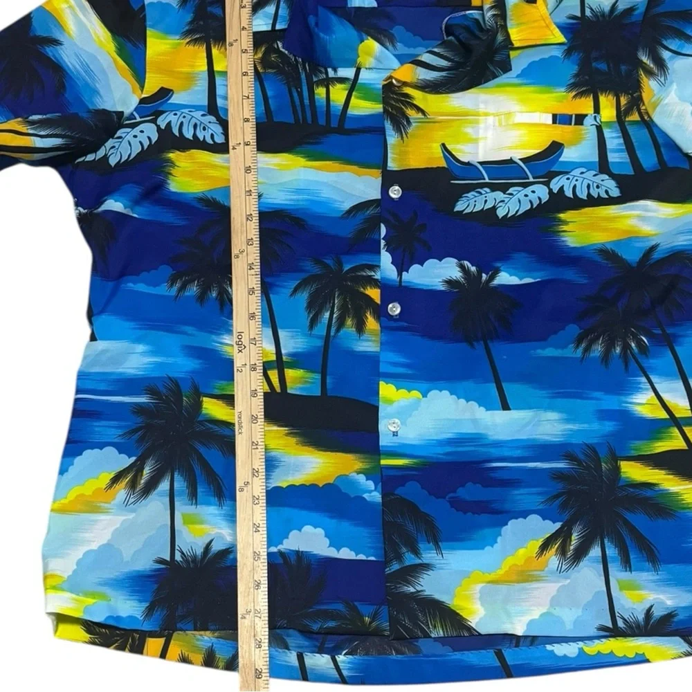 VTG Kai Nani Hawaiian Button Up Shirt Blue Palm Trees Sailboat Sunset Aloha 3XL‎